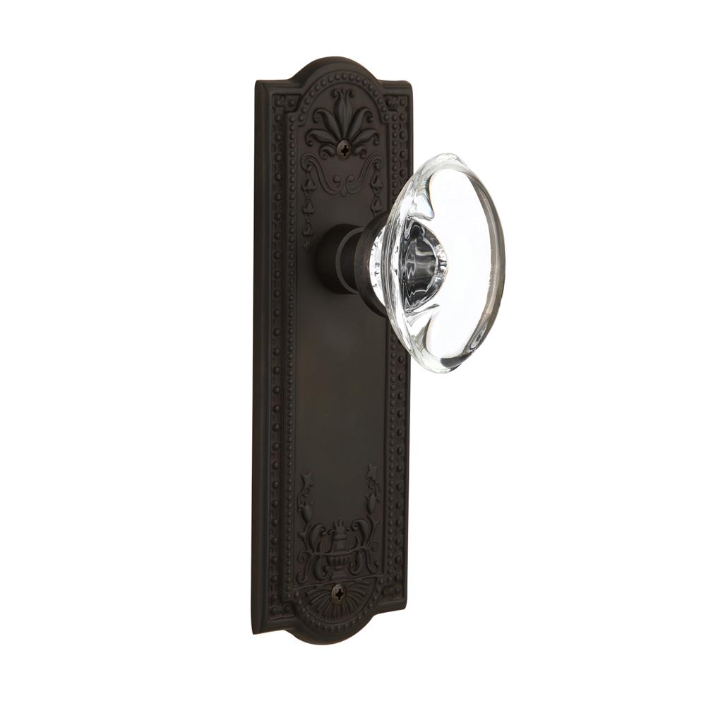 Nostalgic Warehouse MEAOCC Passage Knob Meadows Plate with Oval Clear Crystal Knob without Keyhole in Oil Rubbed Bronze